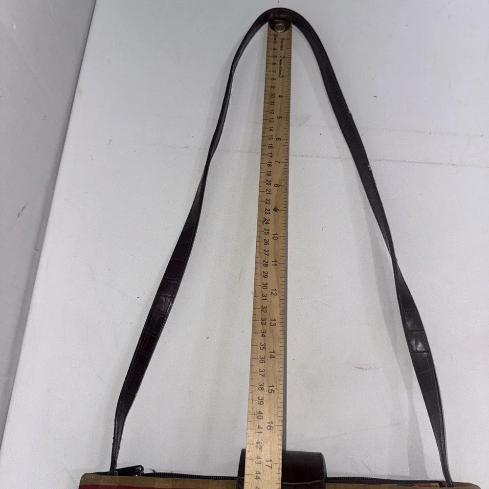 Vintage Brighton Style Y2K Handbag Brown Leather Hearts Trim Plaid Straw Purse